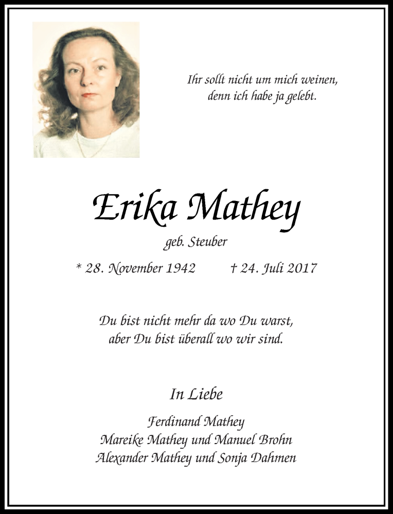  Traueranzeige für Erika Mathey vom 29.07.2017 aus Rheinische Post