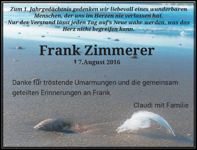  Traueranzeige für Frank Zimmerer vom 07.08.2017 aus Rheinische Post