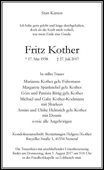 Traueranzeige von Fritz Kother von Rheinische Post