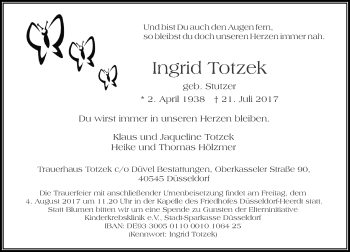 Traueranzeige von Ingrid Totzek von Rheinische Post