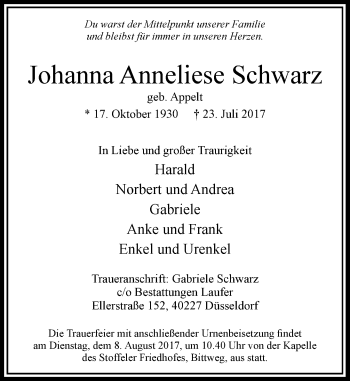 Traueranzeige von Johanna Anneliese Schwarz von Rheinische Post