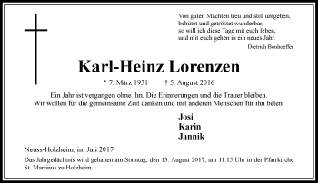 Traueranzeige von Karl-Heinz Lorenzen von Rheinische Post