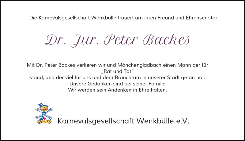  Traueranzeige für Peter Backes vom 29.07.2017 aus Rheinische Post