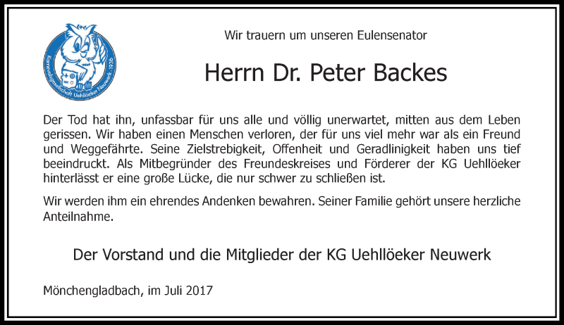  Traueranzeige für Peter Backes vom 29.07.2017 aus Rheinische Post