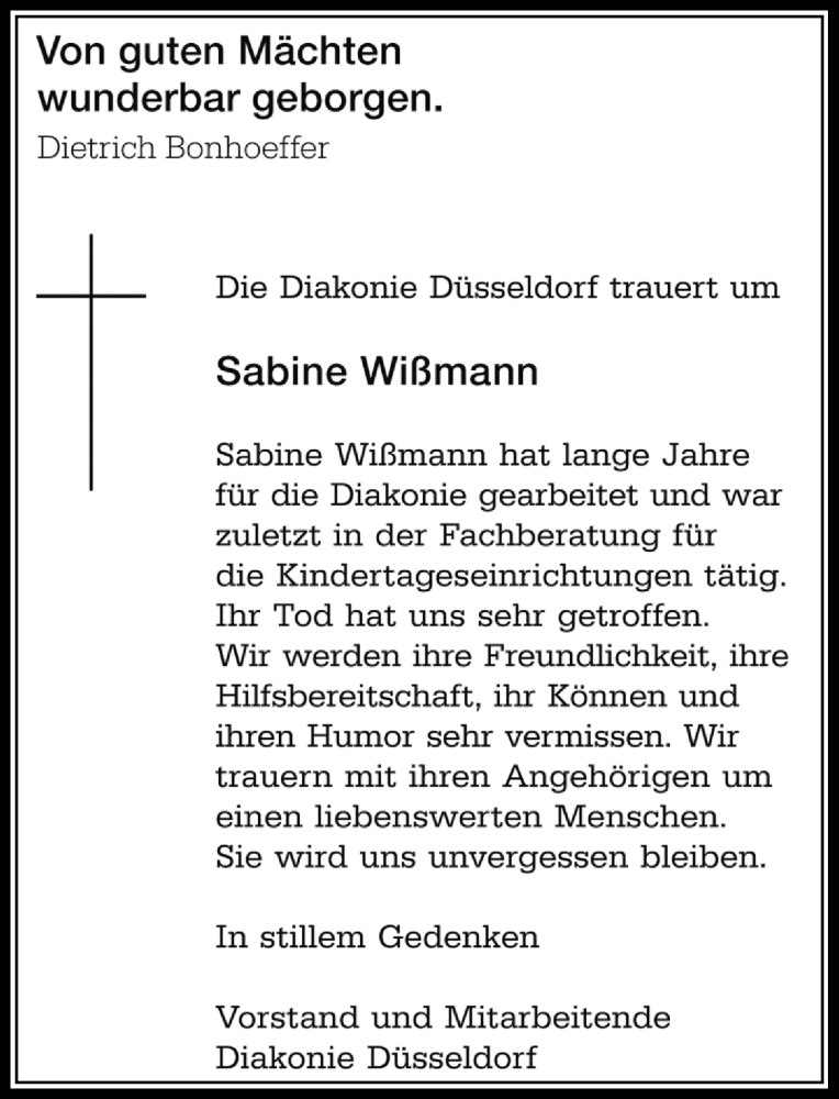 Traueranzeige für Sabine Wißmann vom 29.07.2017 aus Rheinische Post