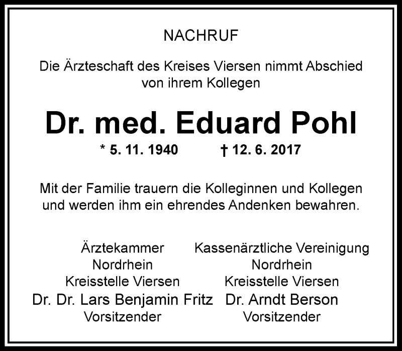  Traueranzeige für Eduard Pohl vom 05.07.2017 aus Rheinische Post
