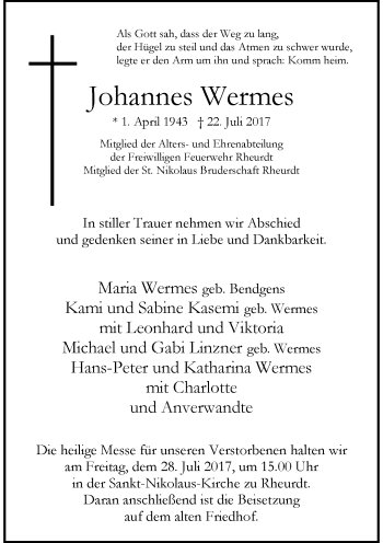Traueranzeige von Johannes Wermes von Rheinische Post