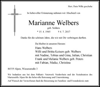 Traueranzeige von Marianne Welbers von Rheinische Post