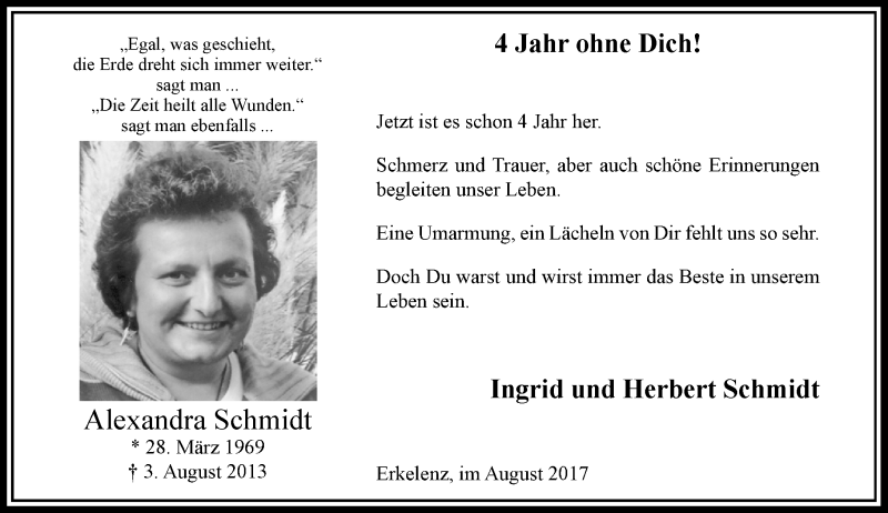  Traueranzeige für Alexandra Schmidt vom 03.08.2017 aus Rheinische Post