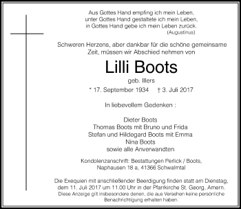 Traueranzeige von Lilli Boots von Rheinische Post