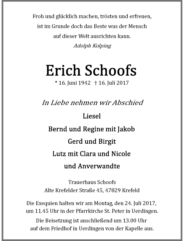  Traueranzeige für Erich Schoofs vom 22.07.2017 aus Rheinische Post