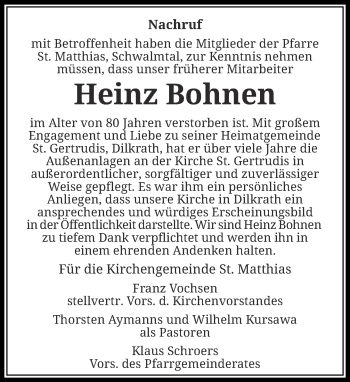 Traueranzeige von Heinz Bohnen von Rheinische Post