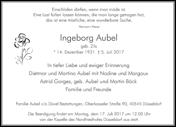 Traueranzeige von Ingeborg Aubel von Rheinische Post
