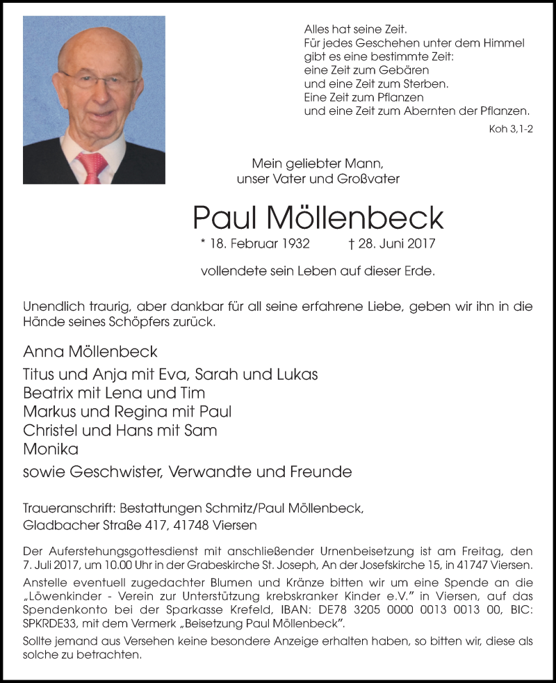  Traueranzeige für Paul Möllenbeck vom 01.07.2017 aus Rheinische Post
