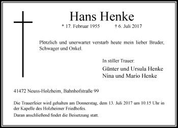 Traueranzeige von Hans Henke von Rheinische Post