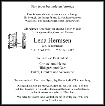 Traueranzeige von Lena Hermsen von Rheinische Post