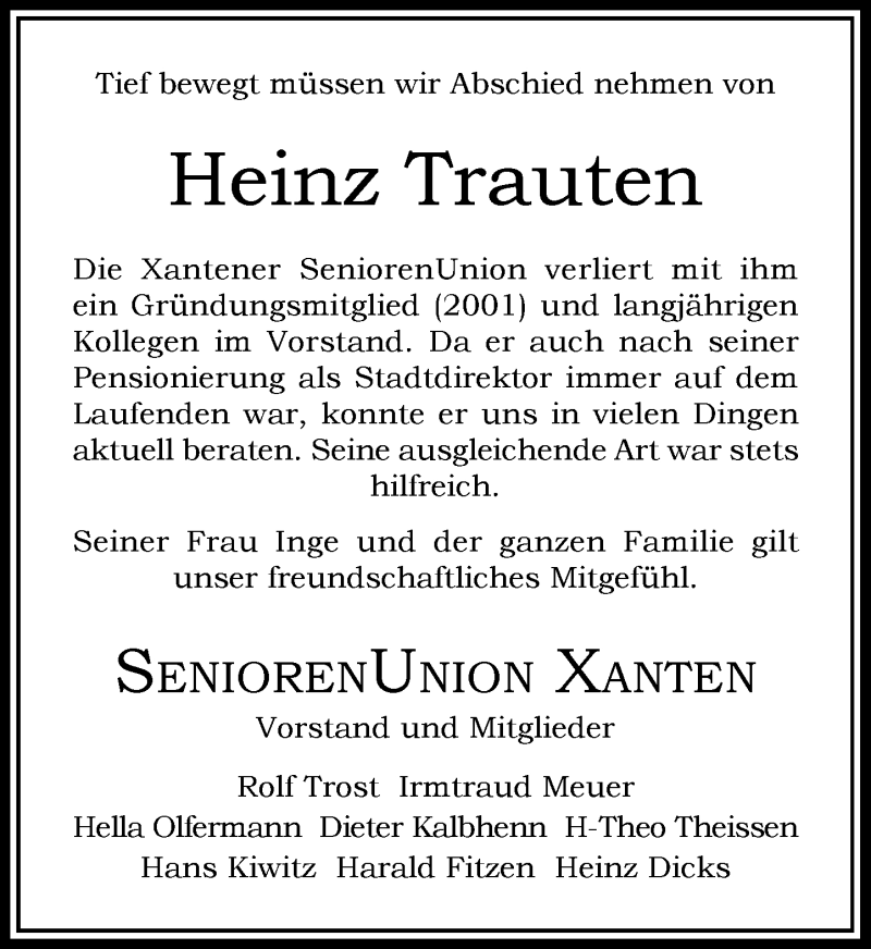  Traueranzeige für Heinz Trauten vom 19.07.2017 aus Rheinische Post