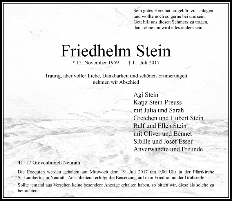  Traueranzeige für Friedhelm Stein vom 17.07.2017 aus Rheinische Post