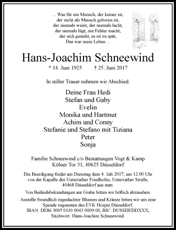 Traueranzeige von Hans-Joachim Schneewind von Rheinische Post