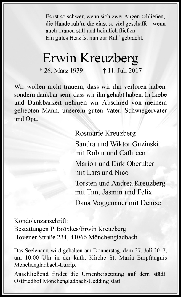  Traueranzeige für Erwin Kreuzberg vom 15.07.2017 aus Rheinische Post