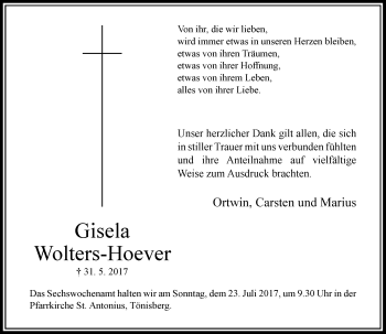 Traueranzeige von Gisela Wolters-Hoever von Rheinische Post