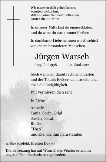 Traueranzeige von Jürgen Warsch von Rheinische Post