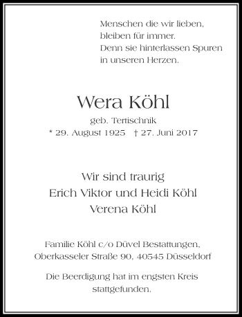 Traueranzeige von Wera Köhl von Rheinische Post