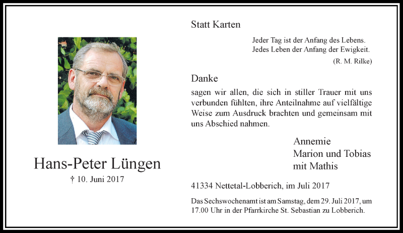  Traueranzeige für Hans-Peter Lüngen vom 22.07.2017 aus Rheinische Post
