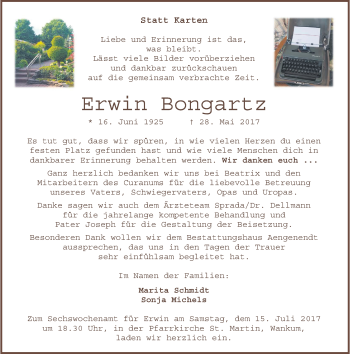 Traueranzeige von Erwin Bongartz von Rheinische Post