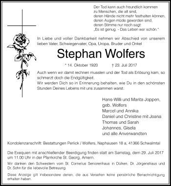 Traueranzeige von Stephan Wolfers von Rheinische Post