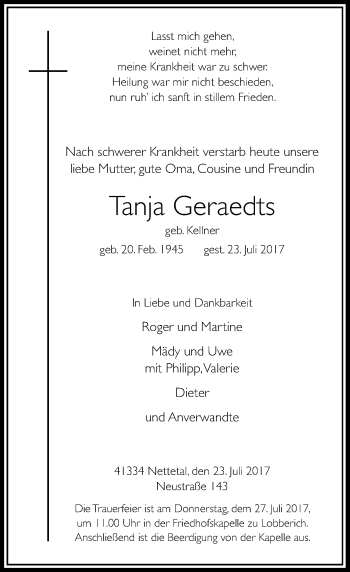 Traueranzeige von Tanja Geraedts von Rheinische Post