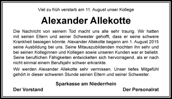 Traueranzeige von Alexander Allekotte von Rheinische Post