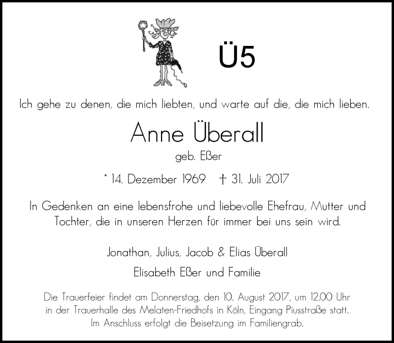 Traueranzeige für Anne Überall vom 09.08.2017 aus Rheinische Post