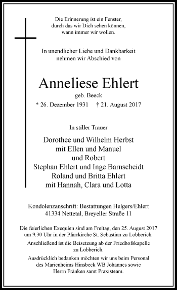 Traueranzeige von Anneliese Ehlert von Rheinische Post