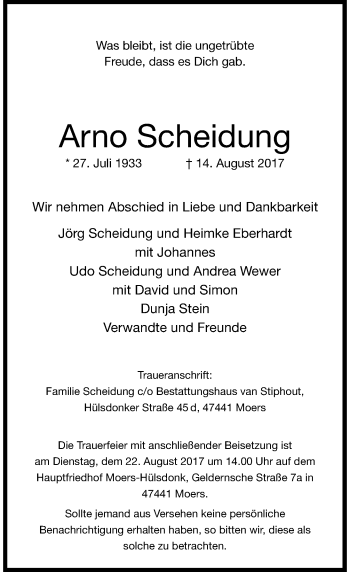 Traueranzeige von Arno Scheidung von Rheinische Post