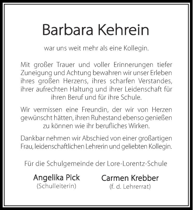  Traueranzeige für Barbara Kehrein vom 19.08.2017 aus Rheinische Post
