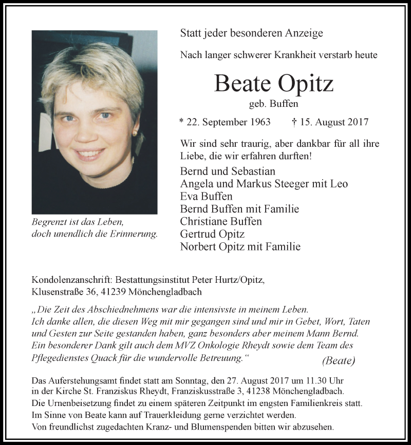  Traueranzeige für Beate Opitz vom 19.08.2017 aus Rheinische Post