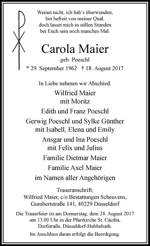  Traueranzeige für Carola Maier vom 23.08.2017 aus Rheinische Post