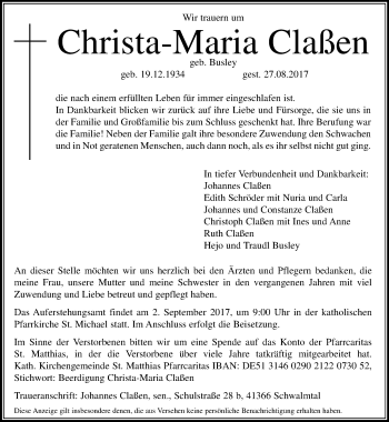 Traueranzeige von Christa-Maria Claßen von Rheinische Post