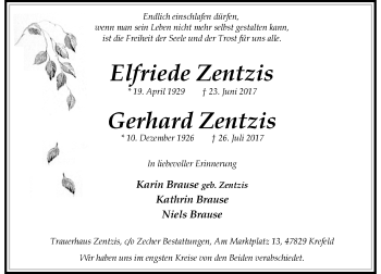 Traueranzeige von Elfriede und Gerhard Zentzis von Rheinische Post