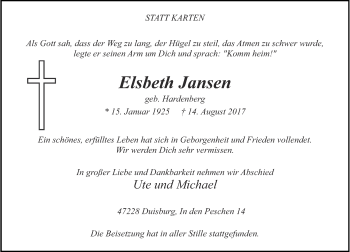 Traueranzeige von Elsbeth Jansen von Rheinische Post