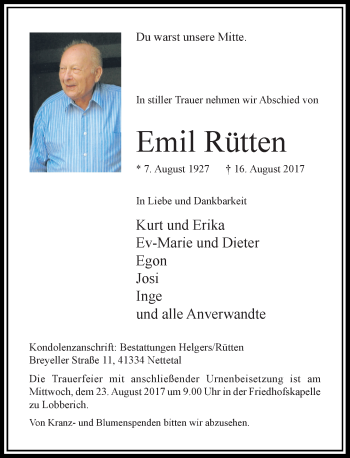 Traueranzeige von Emil Rütten von Rheinische Post