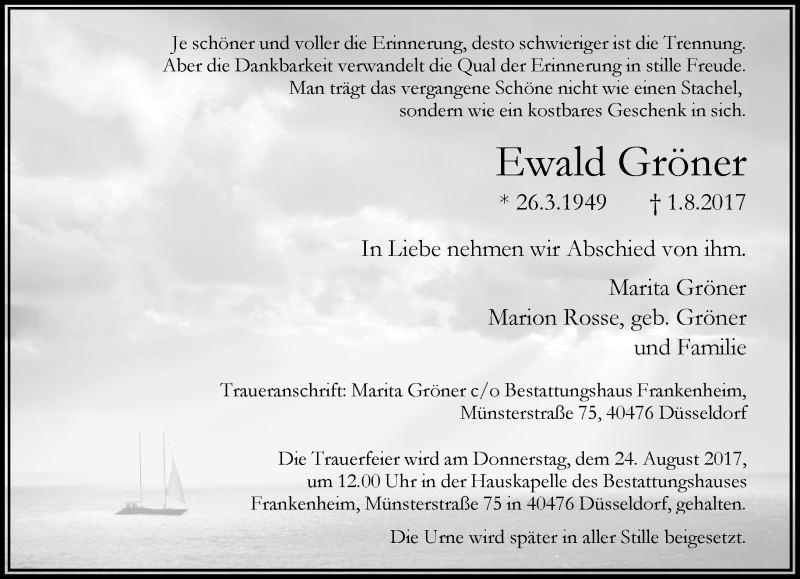  Traueranzeige für Ewald Gröner vom 19.08.2017 aus Rheinische Post