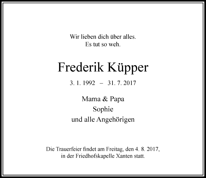  Traueranzeige für Frederik Küpper vom 02.08.2017 aus Rheinische Post