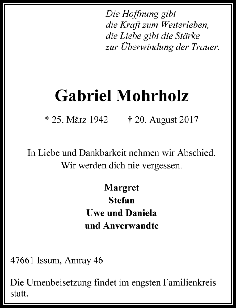  Traueranzeige für Gabriel Mohrholz vom 26.08.2017 aus Rheinische Post