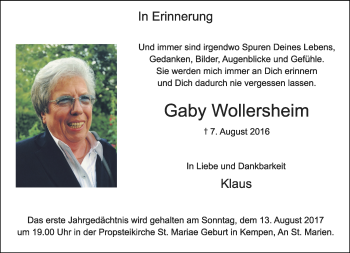 Traueranzeige von Gaby Wollersheim von Rheinische Post