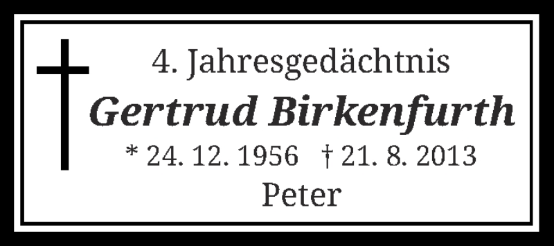  Traueranzeige für Gertrud Birkenfurth vom 21.08.2017 aus Rheinische Post