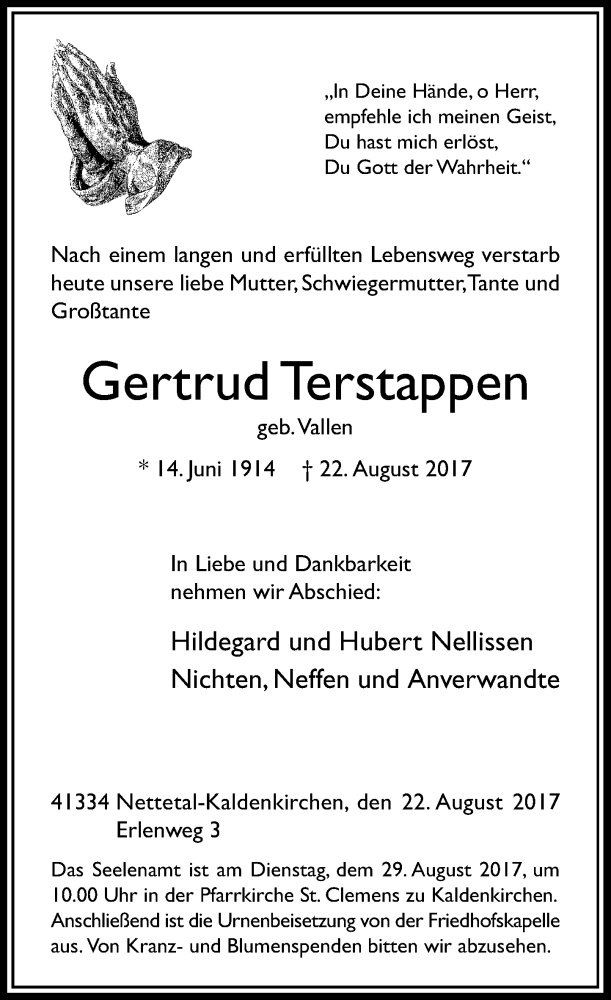  Traueranzeige für Gertrud Terstappen vom 24.08.2017 aus Rheinische Post