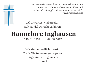 Traueranzeige von Hannelore Inghausen von Rheinische Post