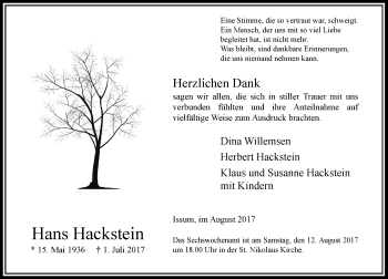 Traueranzeige von Hans Hackstein von Rheinische Post